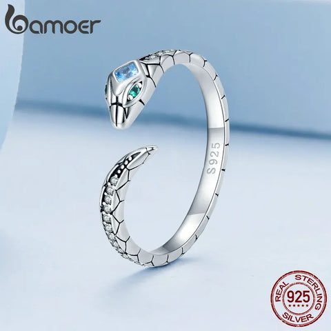 Bamoer 925 Sterling Silver Snake Shape Finger Ring Animal Unadjustable Ring for Women Pave Setting Zircon Fine Jewelry BSR355