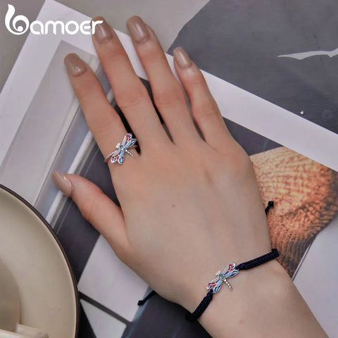Bamoer 925 Sterling Silver Enamel Dragonfly Rope Bracelet Adjustable Insect Chain Link for Women Pave Setting CZ Fine Jewelry