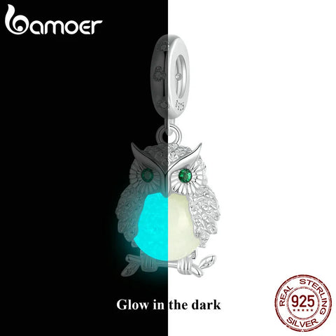 BAMOER Luminous Charms Beads 925 Sterling Silver Owl Pendant Dangle Fit Original Charm Bracelet Jewelry DIY Accessories