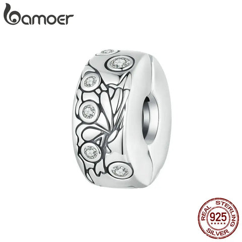BAMOER 925 Sterling Silver Clip Spacer Charm for Bracelet Pave Cubic Zirconia Clip Lock Spacer Stopper Butterfly Charm Bead