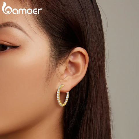 Bamoer Luminous Cubic Zirconia Ear Buckles Classic Round Hoop Earrings for Women Birthday Gift Hyperbole Earrings Jewelry