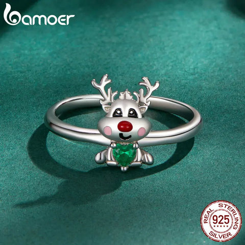 Bamoer 925 Sterling Silver Classic Reindeer Adjustable Ring Green Zircon Opening Ring for Women Christmas Gift Fine Jewelry