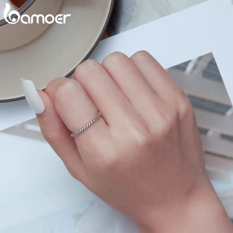 BAMOER 925 Sterling Silver Braided Texture Twisted Eternity Band Stackable Rings Fine Jewelry