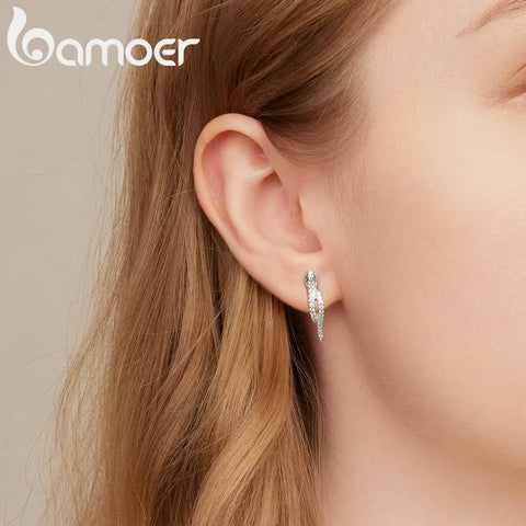 Bamoer 925 Sterling Silver 3D Snake Earrings for Women Shiny Zircon Snake Ear Buckles Statement Fine Jewelry Party Gift BSE669