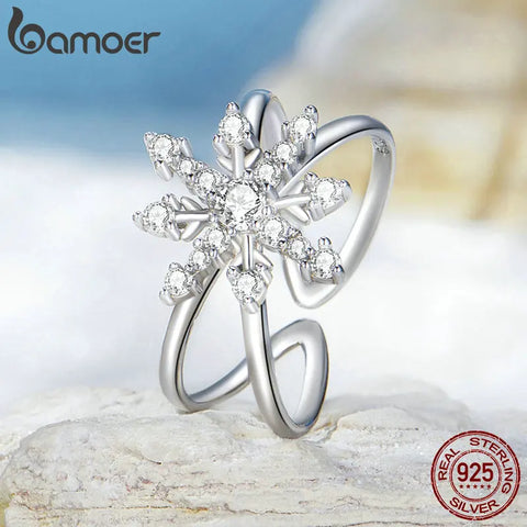 Bamoer 925 Sterling Silver Fantasy Snowflake Opening Ring Geometric Adjustable Ring for Women Party Fine Jewelry