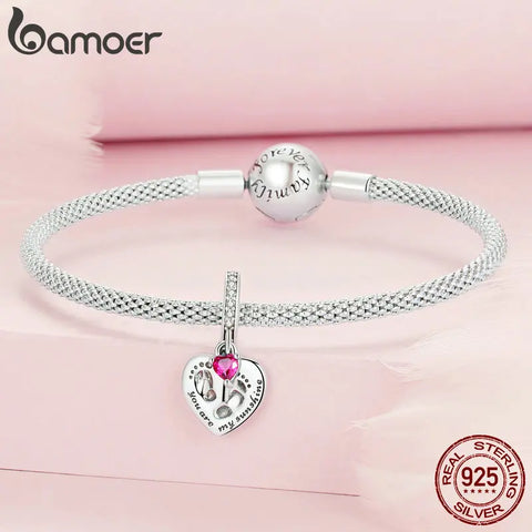 Bamoer 925 Sterling Silver Pink Zircon Mother-child Affinity Bead Charm for Women Bracelet Bangle DIY Mother's Day Gift BSC685
