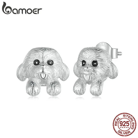 Bamoer 925 Sterling Silver Cute Teddy Stud Earrings Vivid Dog Earrings for Women Girls Elegant Earrings Fine Jewelry Gift