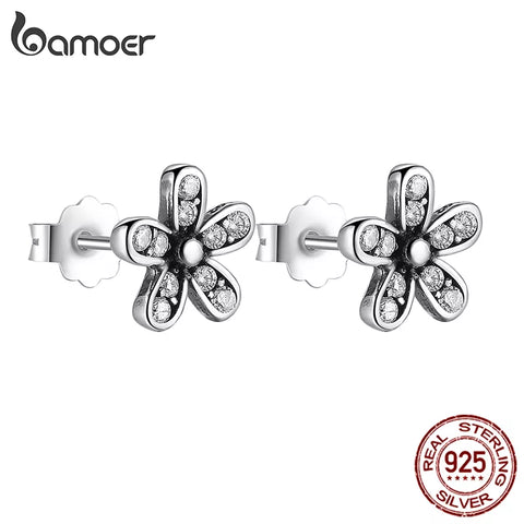 BAMOER Authentic 925 Sterling Silver Dazzling Daisy Stud Earrings With Clear CZ Jewelry